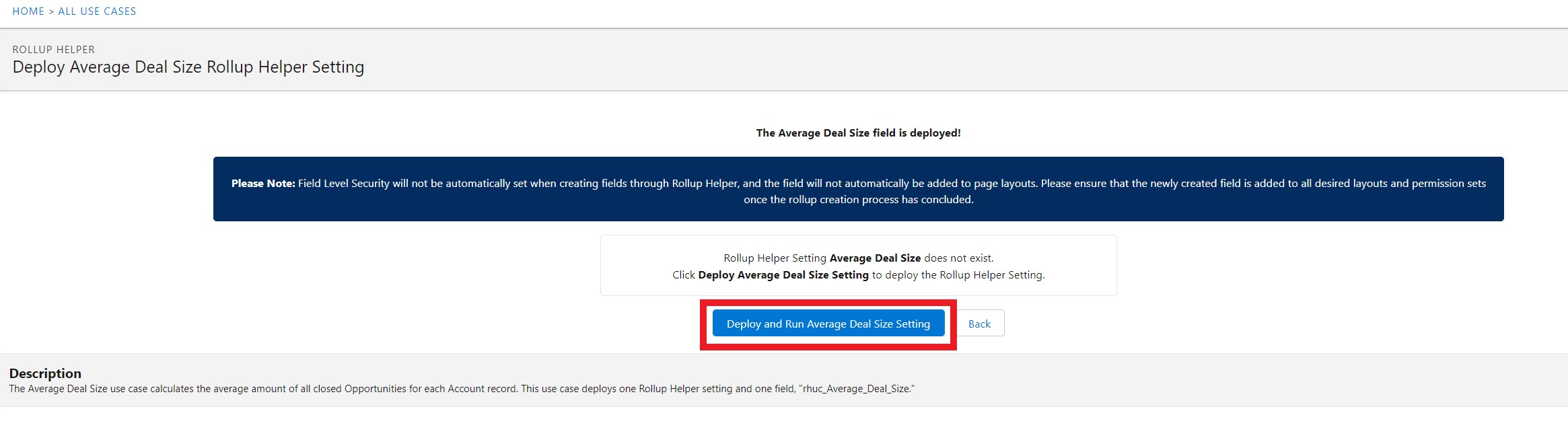 Average Deal Size deploy setting