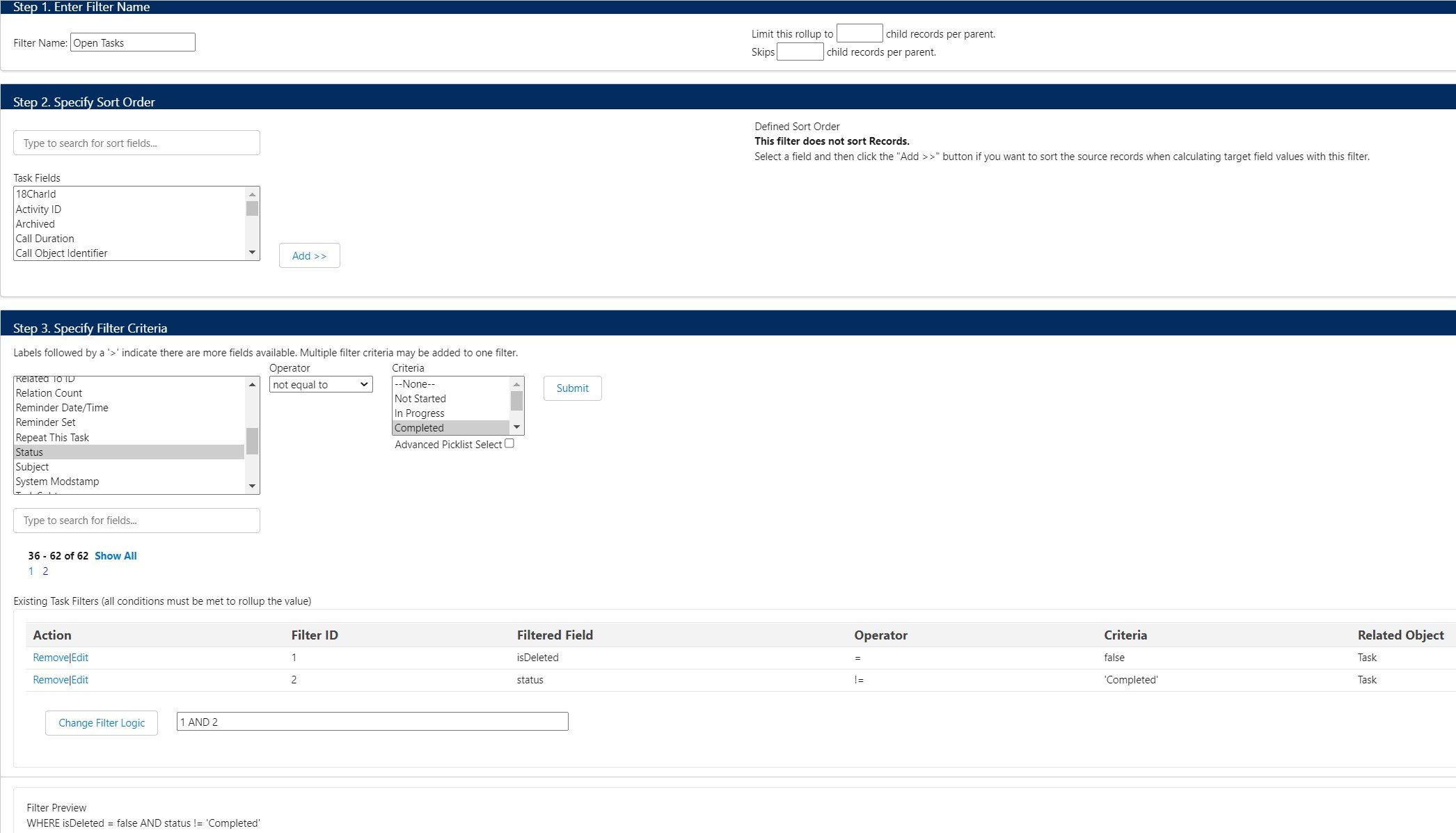 Count Number of Tasks on an Open Case Filter