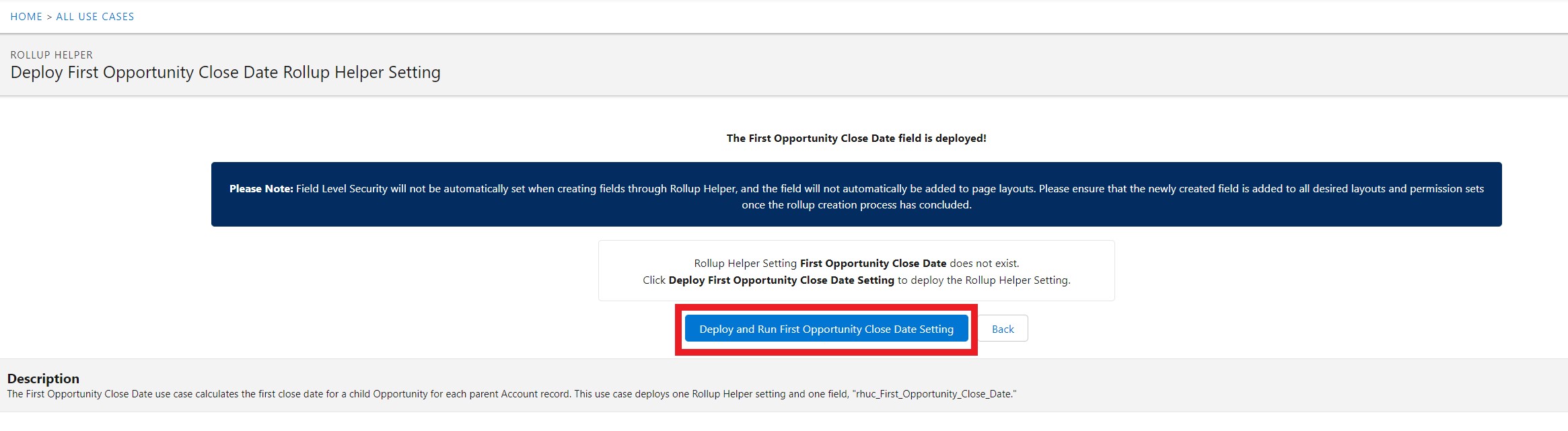 First Opportunity Close Date deploy setting