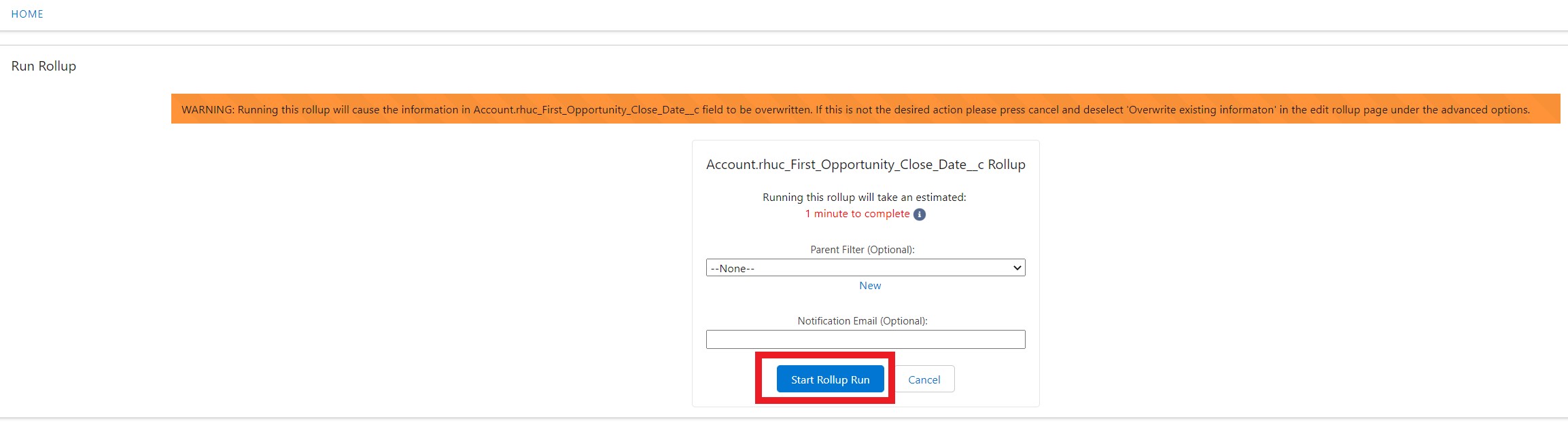 First Opportunity Close Date run rollup