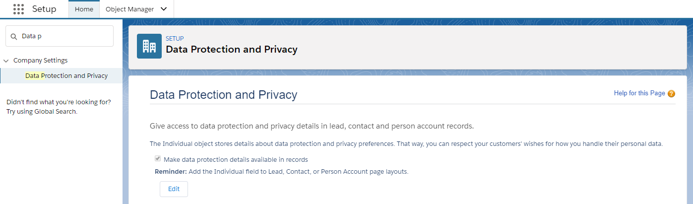 Salesforce GDPR, data protection and privacy setup setting to enable Individual object