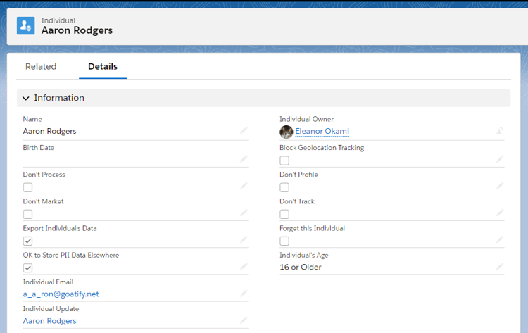 Salesforce GDPR, Individual record with Contact field