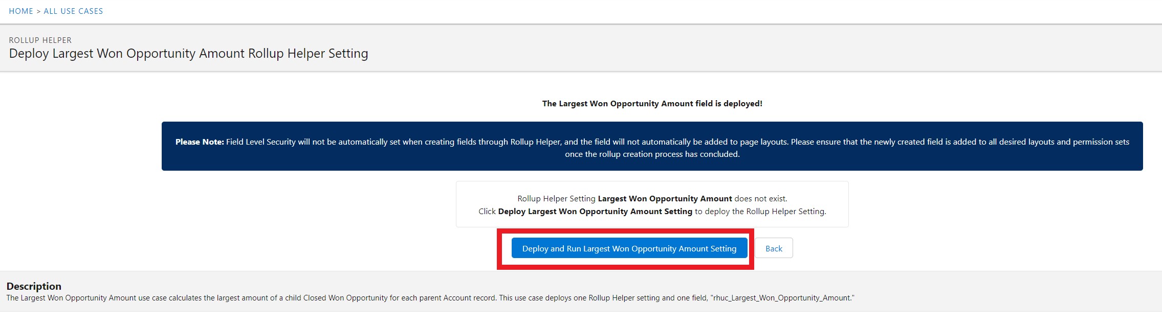 Largest Won Opportunity Amount deploy setting