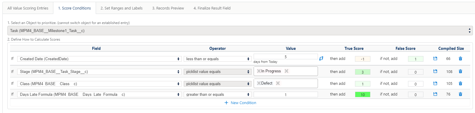 Salesforce value scoring component for project management app Milestones PM+