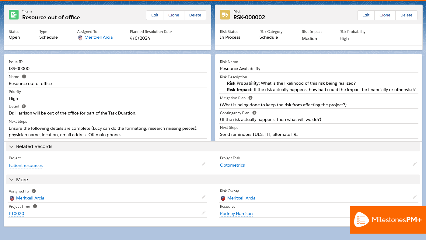 Log Project Risks and Issues with free Salesforce task management app Milestones PM+