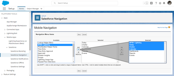 Setup Salesforce mobile navigation menu items for Salesforce project management app Milestones PM+