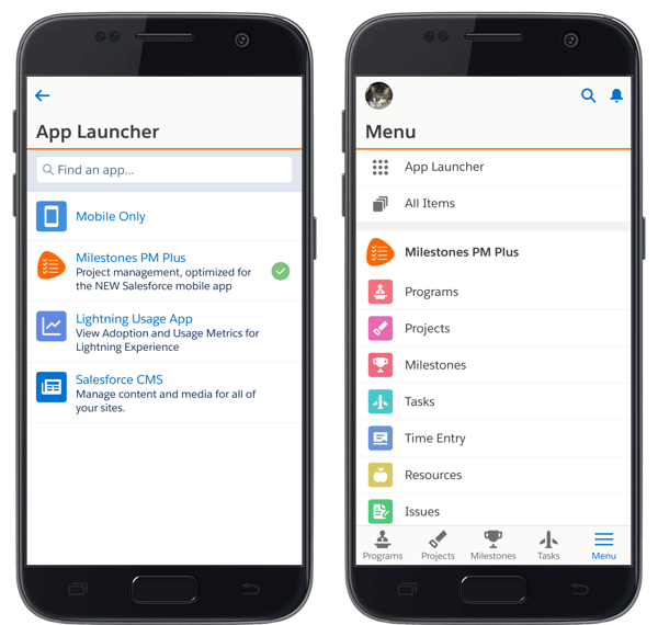 Salesforce project management app Milestones PM+ on Salesforce mobile app navigation menu