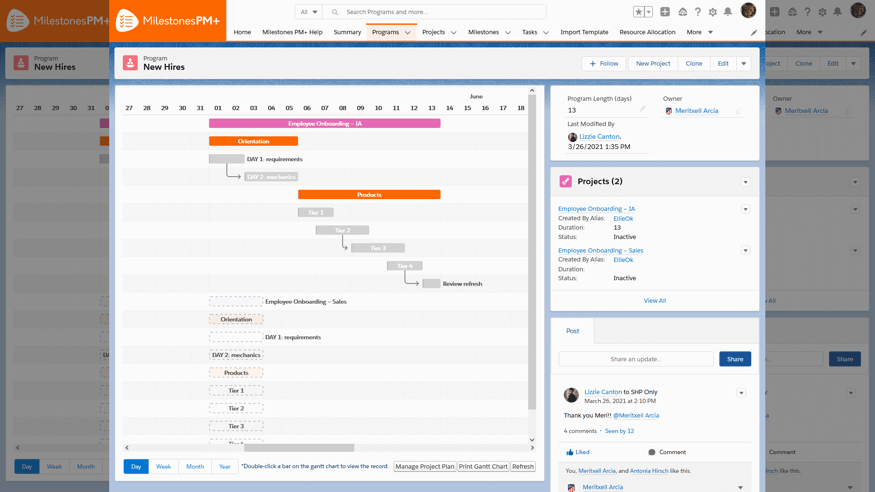 Salesforce program manager with employee onboarding projects in free task management app Milestones PM+