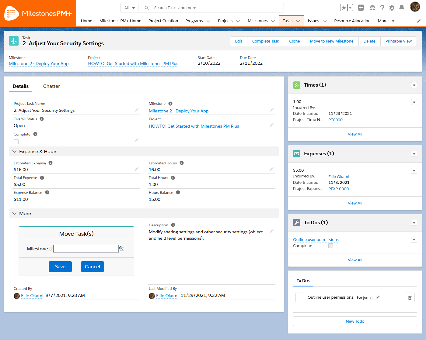 Salesforce project management task app tracking Hours and Expenses Milestones PM+