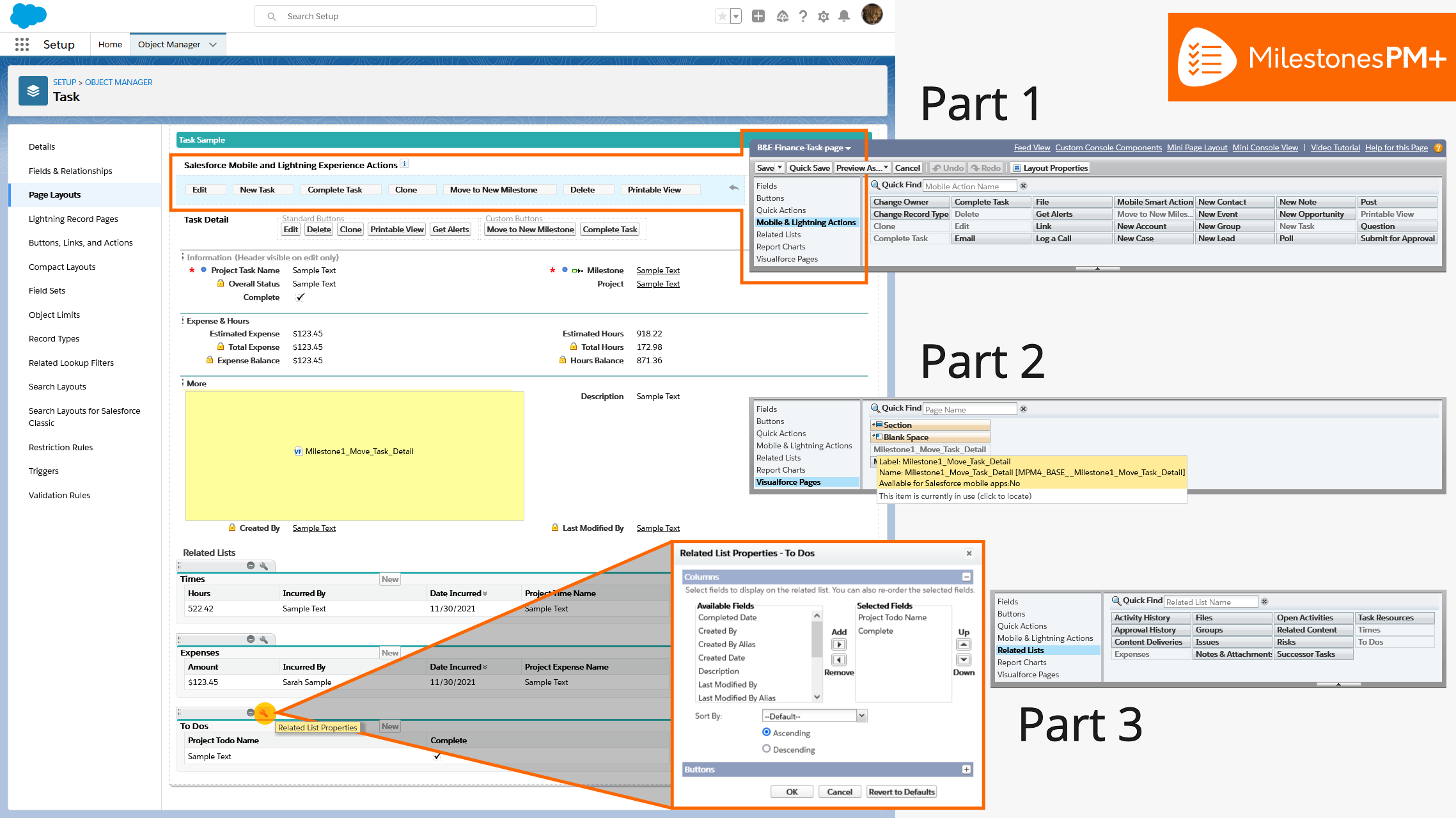 Salesforce project management task app tracking Hours and Expenses Milestones PM+