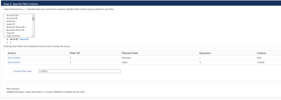 Open filter criteria