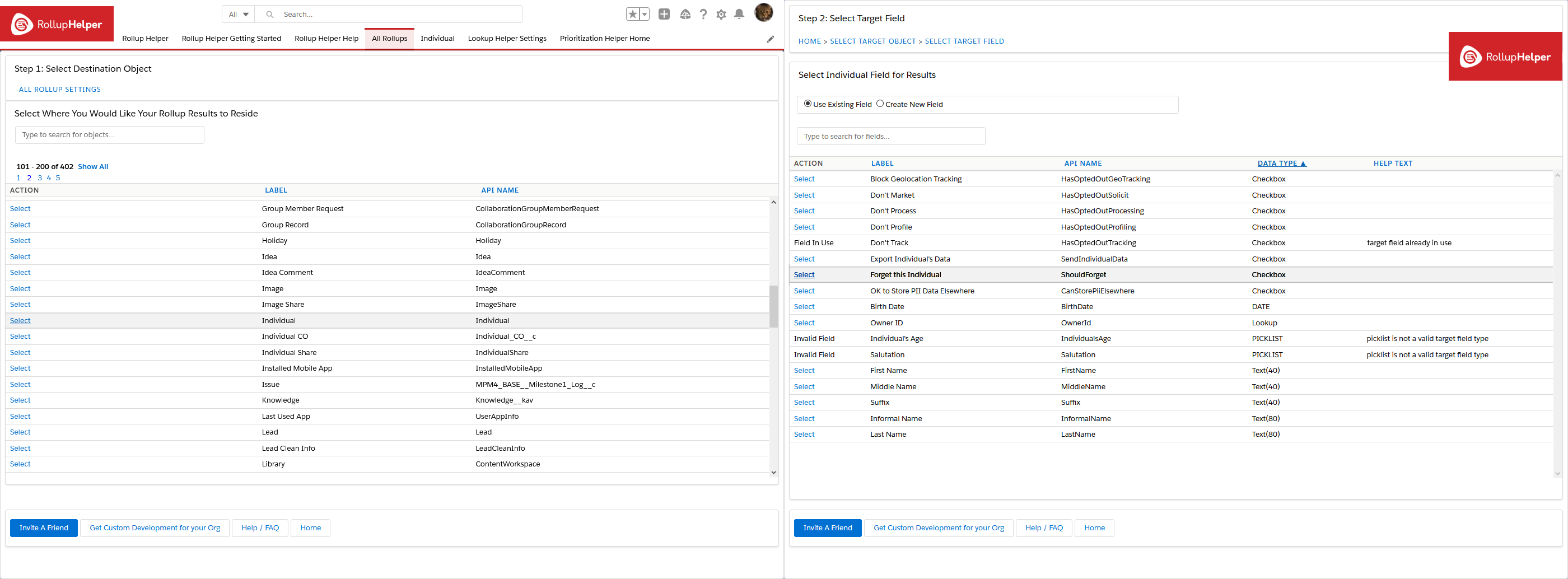 Rollup Helper Salesforce GDPR Right to be Forgotten Individual, steps 1-2