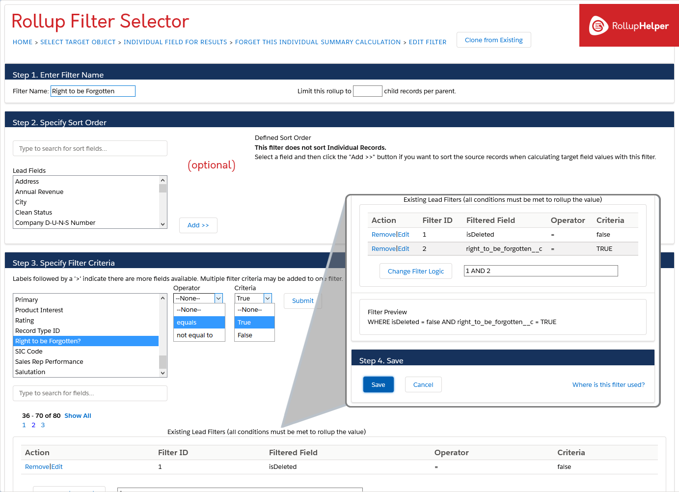 Rollup Helper Salesforce GDPR Right to be Forgotten Individual, filter on step 3