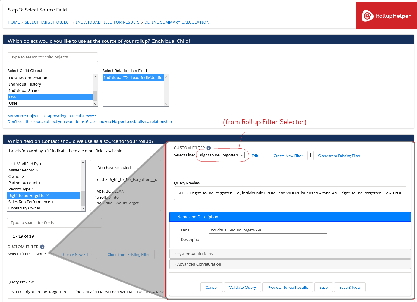 Rollup Helper Salesforce GDPR Right to be Forgotten Individual, step 3