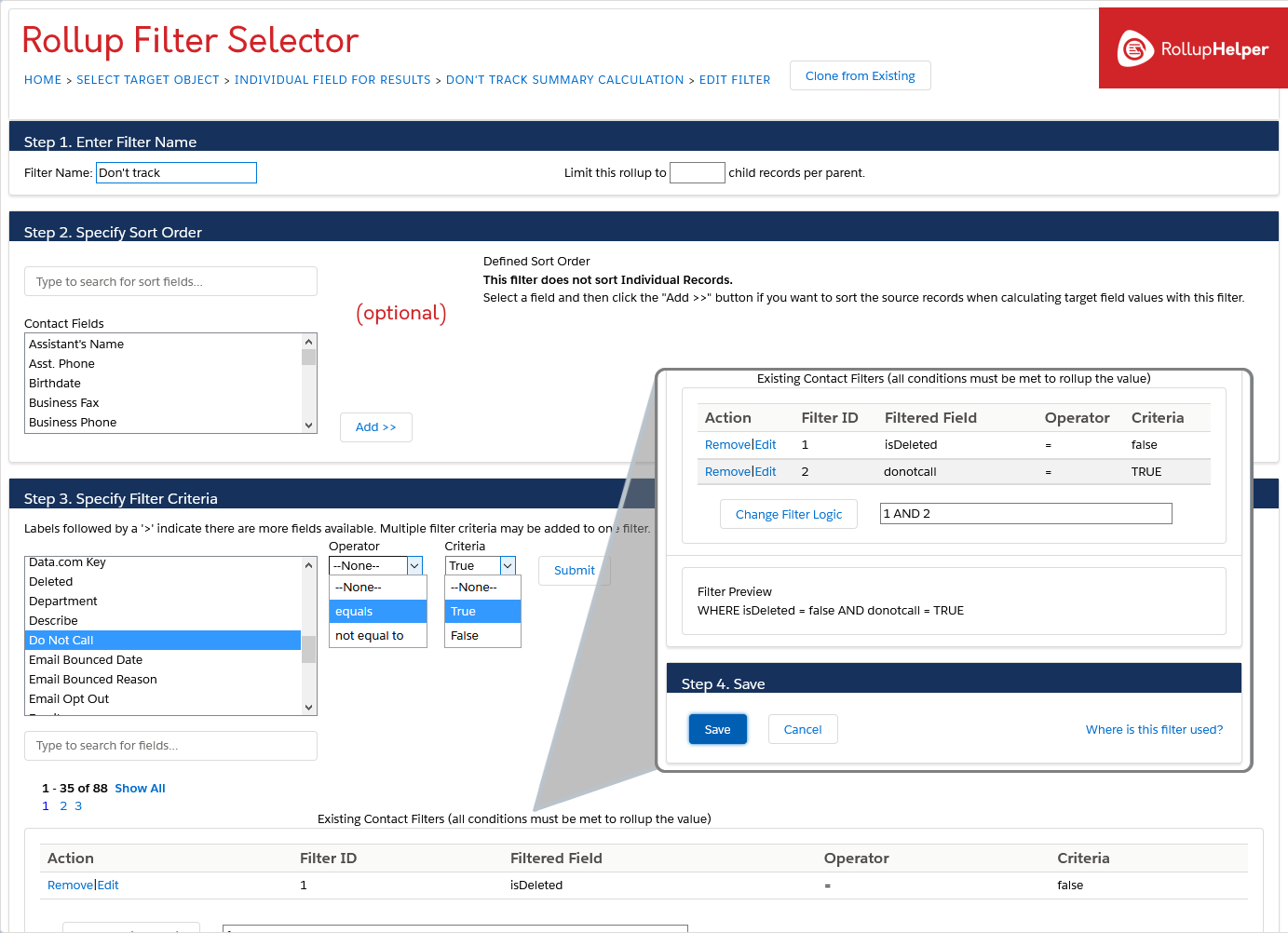 Rollup Helper Salesforce GDPR Do Not Call Individual, filter on step 3