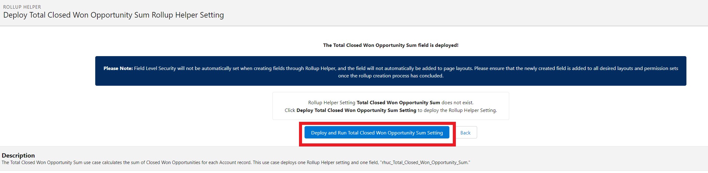 Total Closed Won Opportunity Sum deploy setting