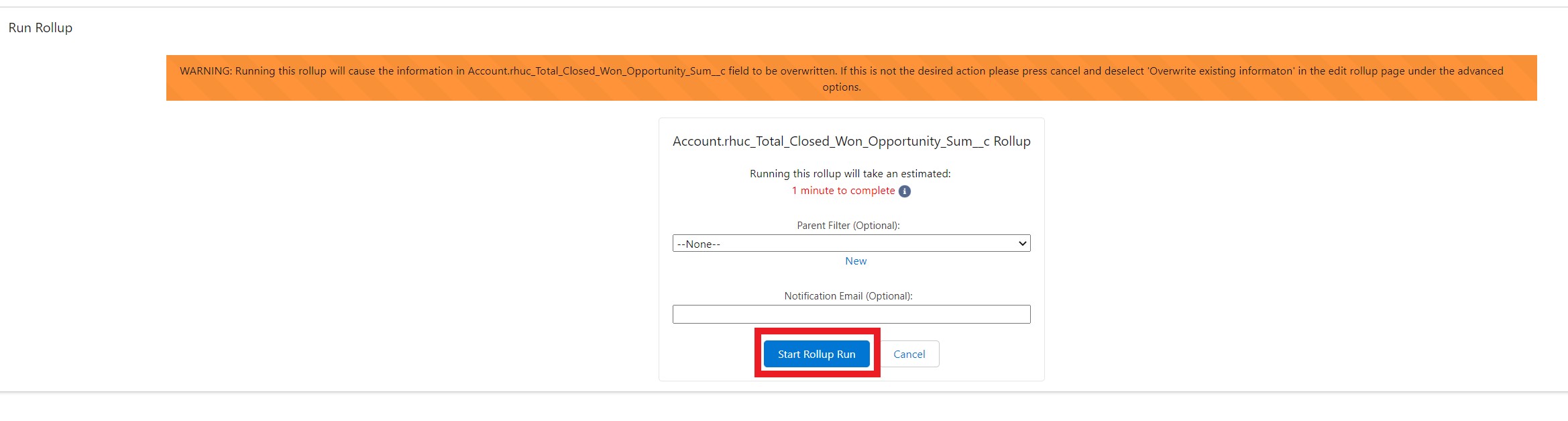 Total Closed Won Opportunity Sum run rollup