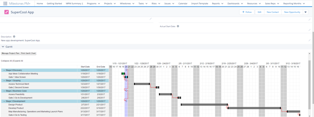 Phase-gate, waterfall process in Salesforce project management free app Milestones PM+ Starter Template