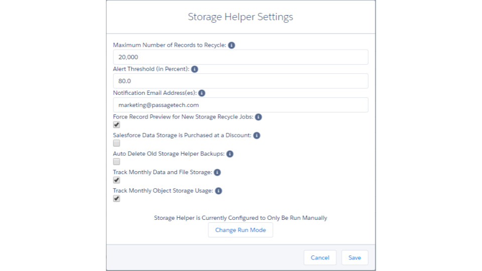 Storage Helper Settings is where to go to set your alert threshold and notifications, run mode and how many records to recycle, to track storage usage, force record preview before deletion and identify if you have purchased Salesforce Data Storage at a discounted rate.