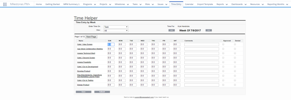  Milestones PM+ Premium Edition Time Entry Grid.