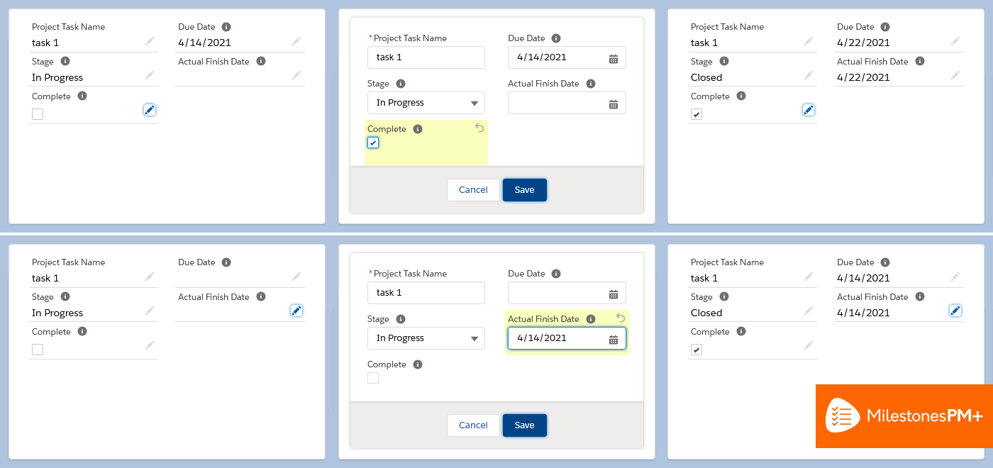 Project date shifting configuration in free Salesforce task management app Milestones PM+