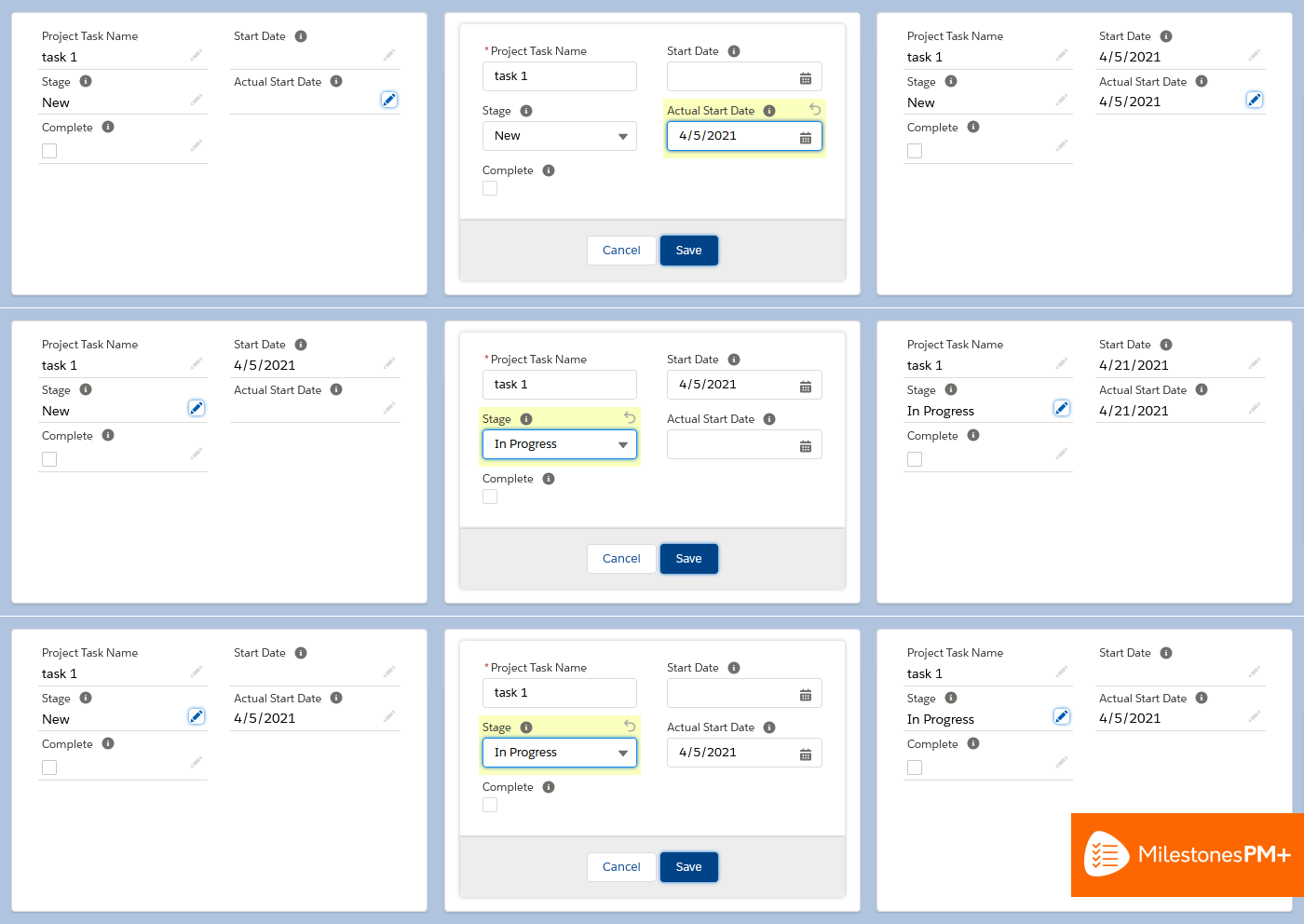 Project date shifting configuration in free Salesforce task management app Milestones PM+