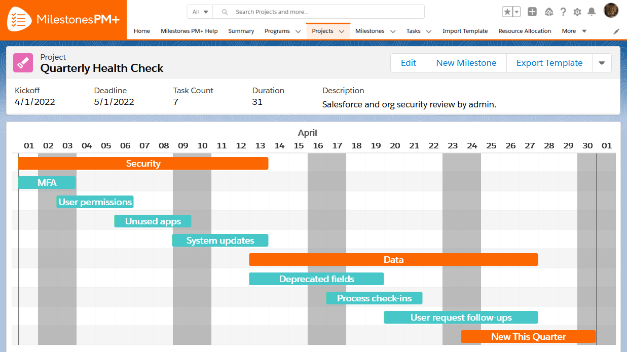 Salesforce health check project template in free task management app Milestones PM+