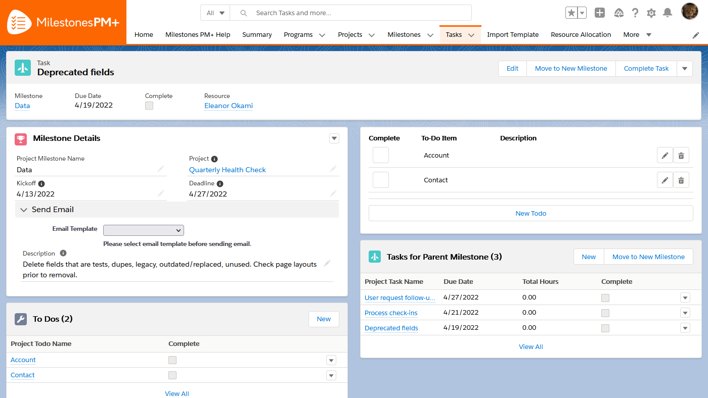 Salesforce health check task to-do list in free project management app Milestones PM+